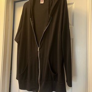 Ladies black zip up sweat shirt with hood, Happy Days brand, XXL